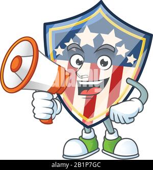 Un personaggio di cartone animato freddo di distintivi vintage Shield USA con un megafono Illustrazione Vettoriale