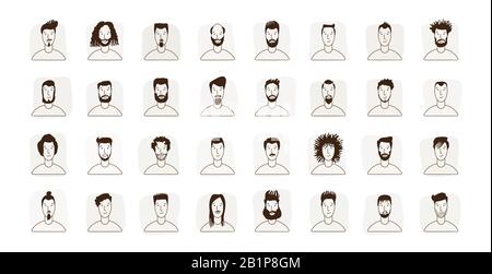 Set icone vettore stile piatto Young Man Avatar. Collezione di icone Per Volti maschili con diversi stili di acconciatura, barba, baffi. Avatar ritratti Illustrazione Vettoriale