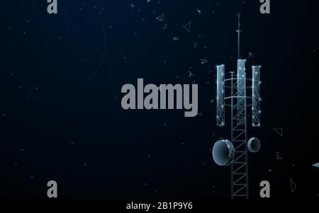 Albero della stazione del cellulare di trasmissione. Torre per telecomunicazioni. Linee, triangoli e design a particelle Illustrazione Vettoriale
