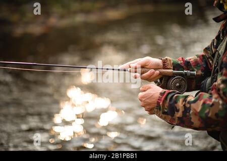 Vista ravvicinata delle mani di un pescatore a mosca che lavorano la linea e la canna da pesca mentre la pesca con la mosca su di uno splendido fiume di montagna per la trota iridea Foto Stock