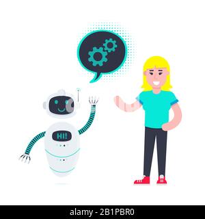 Robot chatbot testa icona segno nella bolla vocale parlare con ragazza piatto stile disegno vettore illustrazione isolato su sfondo bianco. Carino bot ai lui Illustrazione Vettoriale