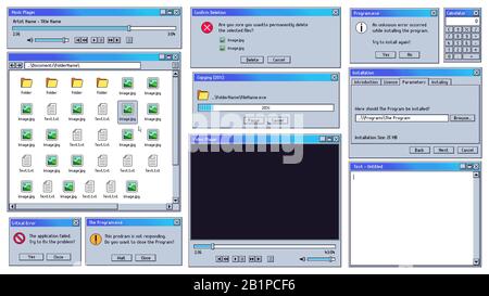 Vecchia interfaccia utente. Vecchia interfaccia utente del lettore di musica e video del computer, editor di testo e set di illustrazioni vettoriali della finestra di notifica degli errori critici del sistema Illustrazione Vettoriale
