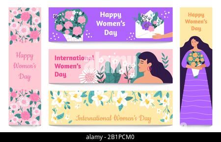 8 marzo banner. Giornata internazionale delle donne, donna Felice con fiori banner vettore set Illustrazione Vettoriale