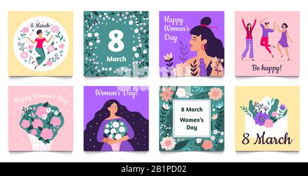 Tessera Giorno Donne Internazionali. Happy women day, 8 marzo biglietti d'auguri di auguri di auguri di viaggio set vettore Illustrazione Vettoriale