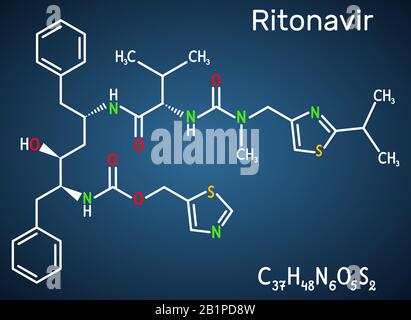 Ritonavir, molecola di C37H48N6O5S2. Si tratta di un inibitore della proteasi antiretrovirale, utilizzato nella terapia dell'infezione da HIV da virus dell'immunodeficienza umana e acquisito Illustrazione Vettoriale