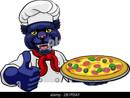 Panther Pizza Chef Cartoon Restaurant Mascot Sign Illustrazione Vettoriale