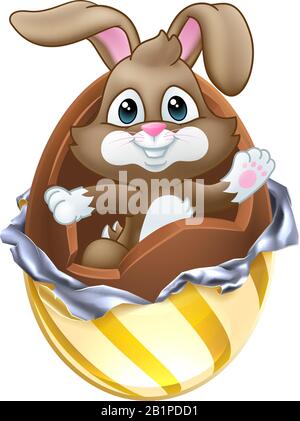 Coniglio Pasquale Coniglio Breaking Chocolate Egg Cartoon Illustrazione Vettoriale