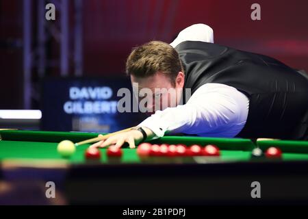 Shaun Murphy of England ha girato David Gilbert of England al primo round del 2020 Players Championship a Southport, Regno Unito, 26 febbraio 2020. Shaun Murphy d'Inghilterra sconfisse David Gilbert d'Inghilterra con 6-5. Foto Stock