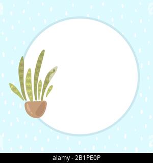 Cornice rotonda per testo con sfondo quadrato blu punteggiato. Cute sansevieria pianta in una pentola. Illustrazione dello stock di bolle vocali. Kawaii delicate sfumature Illustrazione Vettoriale