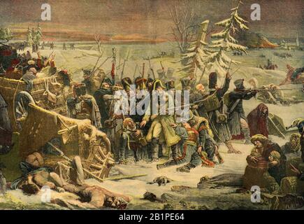Incisione - Maresciallo Ney durante il ritiro dalla Russia nel 1812 con la guardia posteriore del grande esercito - Collezione privata Foto Stock
