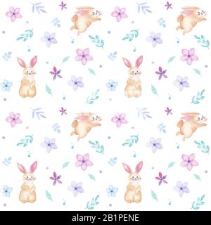 Felice Pasqua vacanza watercolor coniglio senza cuciture motivo con fiori e foglie, biglietto di auguri, isolato su bianco Foto Stock