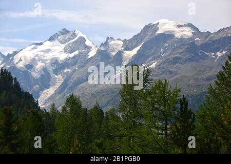 Il Piz Bernina (centro) e Piz Morteratsch (a destra) visto dal Passo Bernina nella Svizzera meridionale sopra St Moritz. Foto Stock