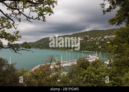 Porto e porto turistico di Grignano, provincia di Trieste, Friuli-Venezia Giulia, Italia dal Parco del Castello di Miramare Foto Stock