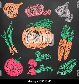 I bambini disegnano pastelli colorati su una tavola nera. Verdure belle e luminose. Gustoso e sano. Cipolle, patate, aglio, zucca, carote, piselli, Illustrazione Vettoriale