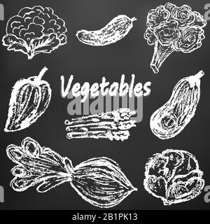 Disegno per bambini con gesso bianco su una tavola nera. Verdure gustose. Immagini utili. Cavolfiore, cetriolo, broccoli, peperone, melanzana, cavolo bianco Illustrazione Vettoriale
