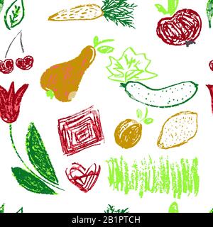 Ripetizione senza giunture. Disegnare immagini, doodle. Design bello e luminoso. Immagini interessanti per sfondi, tessuti, arazzi. Erba, verdure, fru Illustrazione Vettoriale