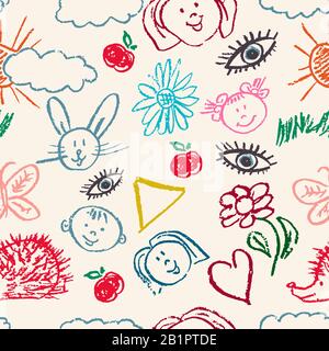 Ripetizione senza giunture. Disegnare immagini, doodle. Design bello e luminoso. Immagini interessanti per sfondi, tessuti, arazzi. Fiori, nuvole, sole, Illustrazione Vettoriale