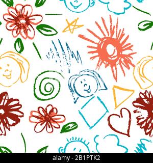 Ripetizione senza giunture. Disegnare immagini, doodle. Design bello e luminoso. Immagini interessanti per sfondi, tessuti, arazzi. Fiori, nuvole, sole, Illustrazione Vettoriale