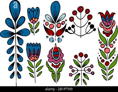 Un insieme di elementi per la vostra creatività. Loghi, stampe per vestiti, scrapbooking. Illustrazione astratta, disegno a mano. Rami, foglie, frutti di bosco, fiori Illustrazione Vettoriale