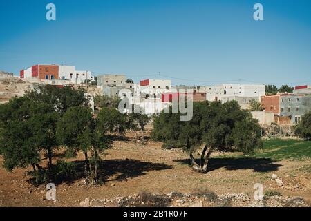 Vista aerea sulla splendida città con case colorate e edifici religiosi con alberi verdi nel nord del Marocco Foto Stock