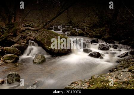 Parte della cascata di Aira Force nel Lake District con sfocatura a movimento lento Foto Stock