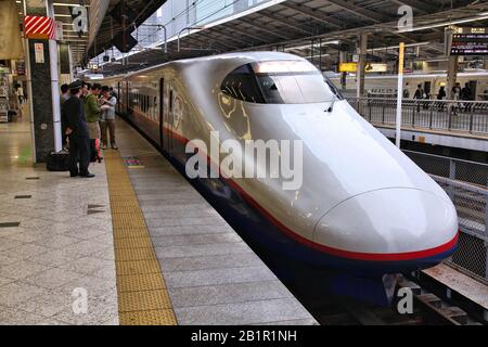 TOKYO, Giappone - 4 Maggio 2012: scheda di viaggiatori Shinkansen Hayate con il treno alla Stazione di Tokyo. Hayate ha la massima velocità operativa di 275km/h ed è tra le più veloci t Foto Stock