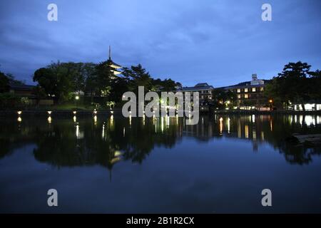 Nara, Giappone - Vista serale dello stagno Sarusawa-ike. Foto Stock