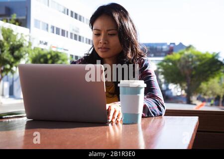 Donna che usa un computer portatile in un caffè Foto Stock