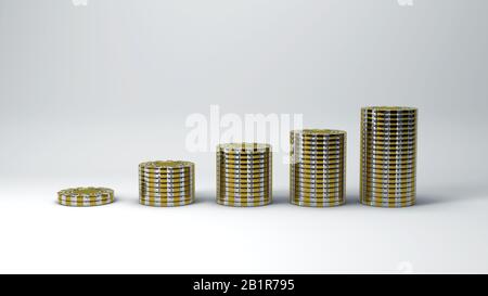 Tema del casinò, fiches da gioco d'oro su sfondo chiaro, concetto di design alla moda, illustrazione 3d. Foto Stock