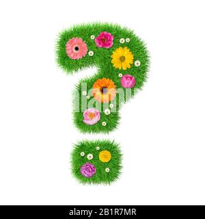 Simbolo ? in erba e fiori colorati, concetto di primavera per collage grafico Foto Stock