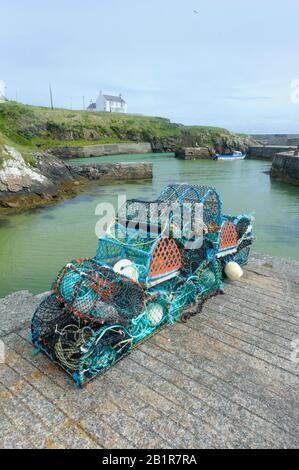 Pentole di aragosta nel porto di Port of Ness sull'isola di Lewis, Scozia Foto Stock