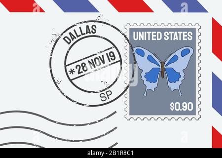 Francobollo vettore Dallas Texas - timbro postale americano su una lettera. Illustrazione Vettoriale
