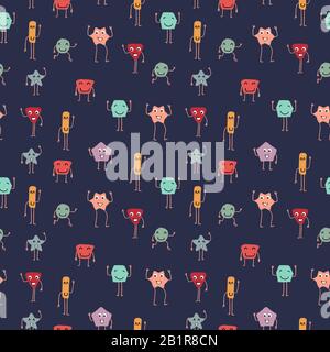 Modello tessile per bambini senza cuciture. Carini cartoni animati creature geometriche. Illustrazione Vettoriale