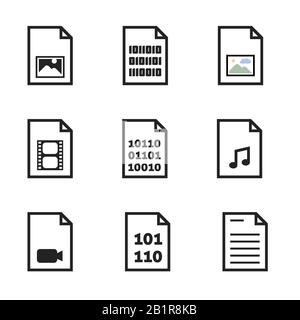 Raccolta icone formato file. Icone per file binari, documenti, immagini, video e audio. Illustrazione Vettoriale