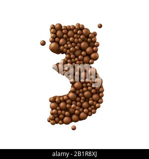 Numero 3 fatto di bolle di cioccolato, concetto di cioccolato al latte, illustrazione 3d. Foto Stock