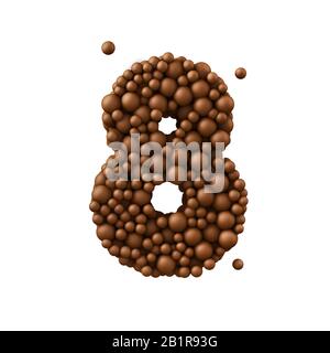 Numero 8 fatto di bolle di cioccolato, concetto di cioccolato al latte, illustrazione 3d. Foto Stock