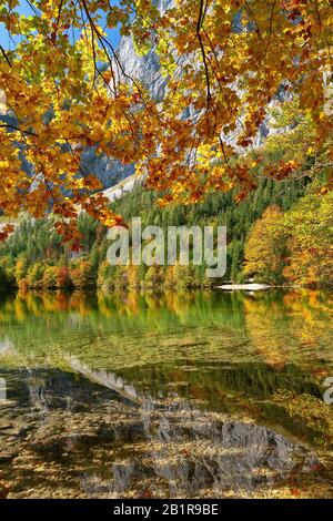 , lago di montagna Hinterer Langbatsee in autunno, Austria, Austria superiore, Salzkammergut Foto Stock