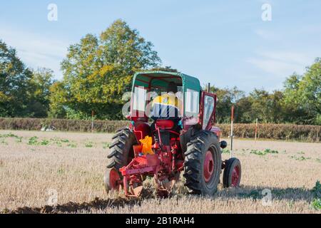 Trattore rosso piccolo di classe vintage con aratro da solco verde per l'aratro da prato per l'aratro Inghilterra Farming Massey Ferguson 35 1955 Match Competition Country Foto Stock