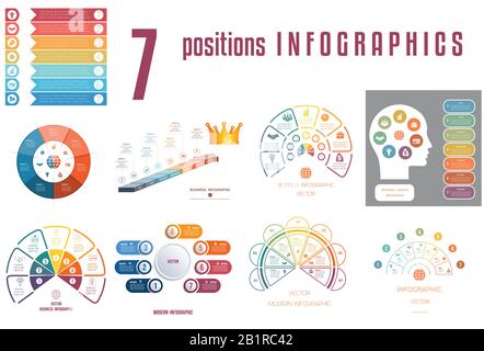 Set 9 elementi di modelli universali processi ciclici concettuali di infografica per 7 posizioni utilizzabili per flusso di lavoro, banner, diagramma, web design, Illustrazione Vettoriale