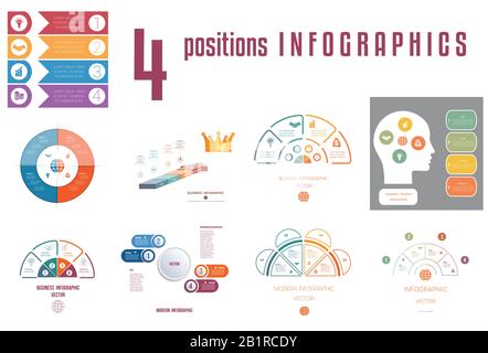 Set 9 elementi di modelli universali processi ciclici concettuali di infografica per 4 posizioni utilizzabili per flusso di lavoro, banner, diagramma, web design, Illustrazione Vettoriale