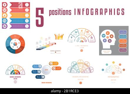 Set 9 elementi di modelli universali processi ciclici concettuali di infografica per 5 posizioni utilizzabili per flusso di lavoro, banner, diagramma, web design, Illustrazione Vettoriale