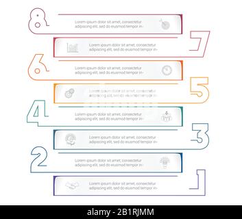 Modello infografico con strisce di carta orizzontali con numeri di colore. 8 posizioni per informazioni. Strategia Aziendale Concettuale. Modello universale per proj Illustrazione Vettoriale