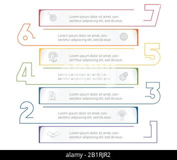 Modello infografico con strisce di carta orizzontali con numeri di colore. 7 posizioni per informazioni. Strategia Aziendale Concettuale. Modello universale per proj Illustrazione Vettoriale