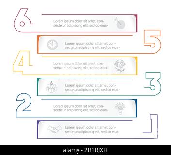 Modello infografico con strisce di carta orizzontali con numeri di colore. 6 posizioni per informazioni. Strategia Aziendale Concettuale. Modello universale per proj Illustrazione Vettoriale