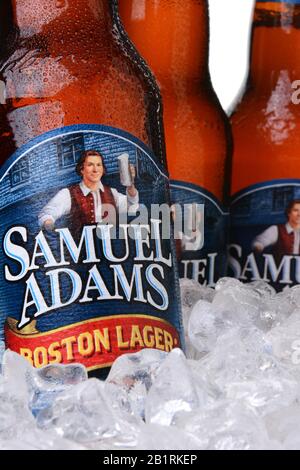 Irvine, CA - 30 MAGGIO 2014: Primo piano di bottiglie di Samuel Adams Boston Lager in ghiaccio. Prodotta dalla Boston Beer Company, una delle più grandi aziende americane Foto Stock