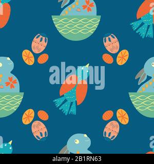 Cute coniglietto di Pasqua senza cuciture vettore modello di fondo. Decorazioni di conigli d'arte folk, uccelli, uova illustrazione. Animali da bambino in stile scandinavo e primavera Illustrazione Vettoriale