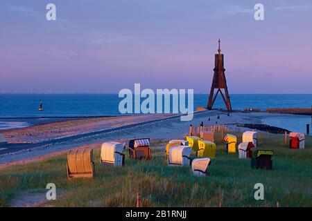 Kugelbake alla foce dell'Elba nei pressi di Cuxhaven, Bassa Sassonia, Germania, Foto Stock