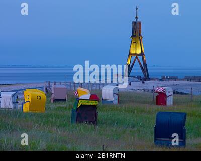 Kugelbake alla foce dell'Elba nei pressi di Cuxhaven, Bassa Sassonia, Germania, Foto Stock