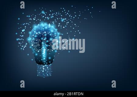Lampadina di triangoli e cervello e punti luminosi. Sfondo di bella notte blu scuro cielo Idea Concetto. Illustrazione poligonale. Poli basso. Foto Stock