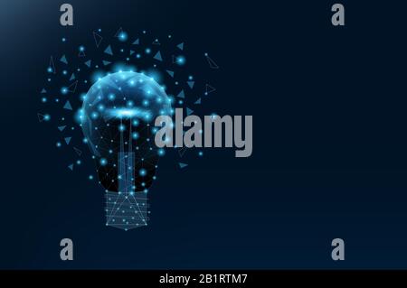 Lampadina di triangoli e punti luminosi. Sfondo di un bel cielo notturno blu scuro. Idea di concetto illustrazione Poligonale. Poli basso Foto Stock